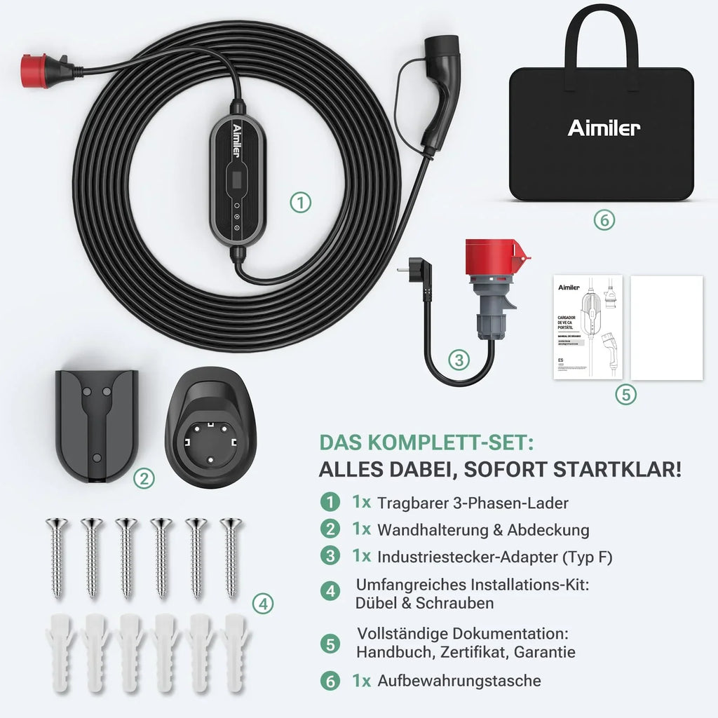 Wallbox portátil 11 kW con app, 400 V, 16 A, trifásica, cable de carga tipo 2 de 7,6 m, CEE, IP66, OLED, montaje mural para coches eléctricos