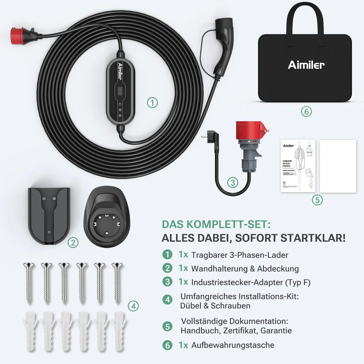 Wallbox portátil 11 kW con app, 400 V, 16 A, trifásica, cable de carga tipo 2 de 7,6 m, CEE, IP66, OLED, montaje mural para coches eléctricos