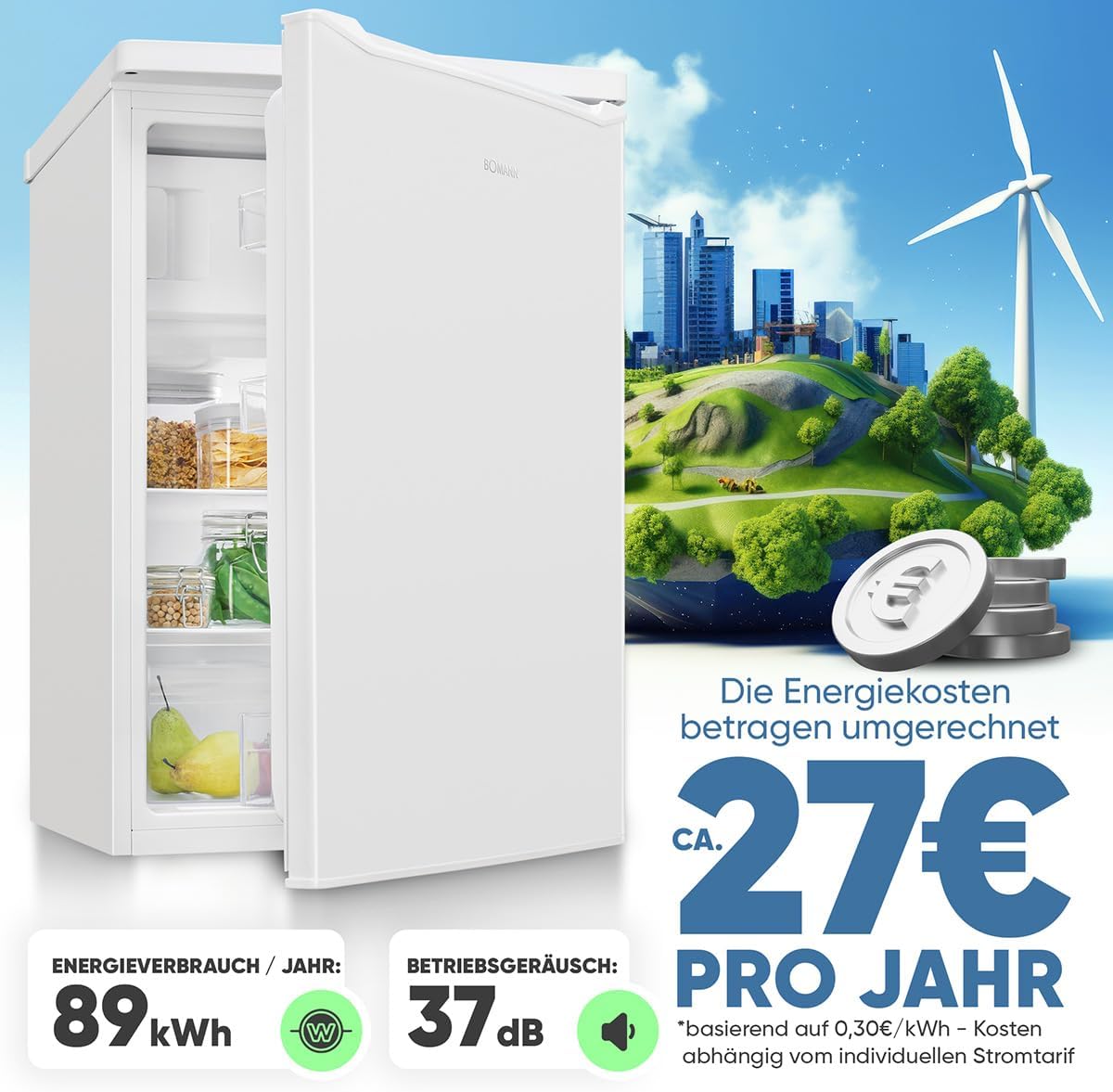 Refrigerador con congelador pequeño Bomann® | Refrigerador con 2 estantes | silencioso | con congelador de 4 estrellas | refrigerador pequeño con compartimento para frutas y verduras | bisagra de puerta reversible | KS 7251 blanco