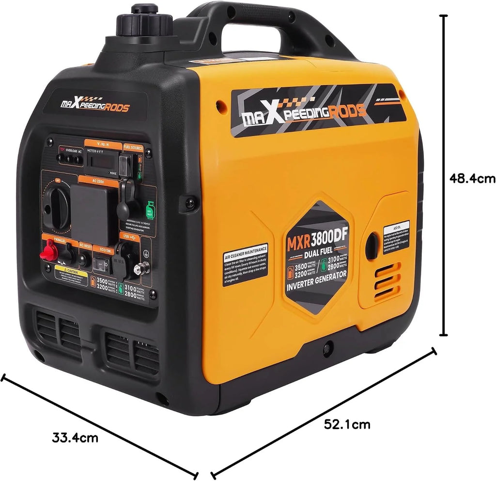 maXpeedingrods 3500 W LPG/benzynowy, inwertorowy generator prądu, generator prądu Dual Fuel, awaryjny agregat prądotwórczy z gniazdem 230 V/16 A; 2 x porty USB na kemping, podróż, do aktywności na