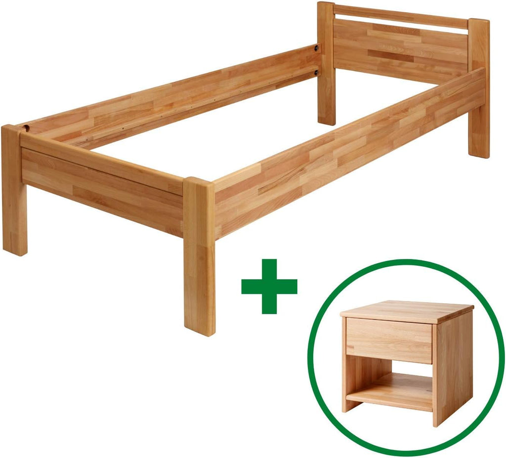 Cama para personas mayores Krok Wood SiSi de madera maciza (haya, 90 x 200 cm + mesita de noche)