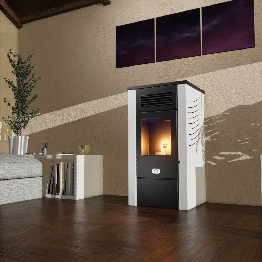 STUFE A PELLET ITALIA Canada 14 kW | wydajność pieca na pellet 89%, ogrzewa 130 m², autonomia 15 godzin, programowalna, 5 prędkości i poziomów mocy, 24 miesiące , kolor biały