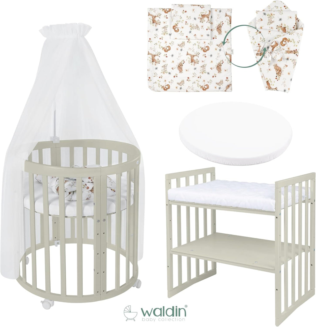 Cuna ovalada evolutiva Waldin, set completo 7 en 1, cuna de barrotes, cama infantil con colchón, cambiador, cuna colecho, madera blanca