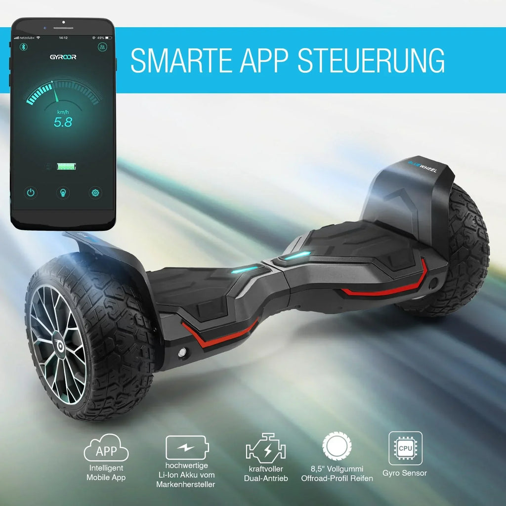 Hoverboard todoterreno HX510 de 8,5 pulgadas con motor dual de 700 W, Bluetooth, control por aplicación, luces LED y capacidad de carga de 120 kg