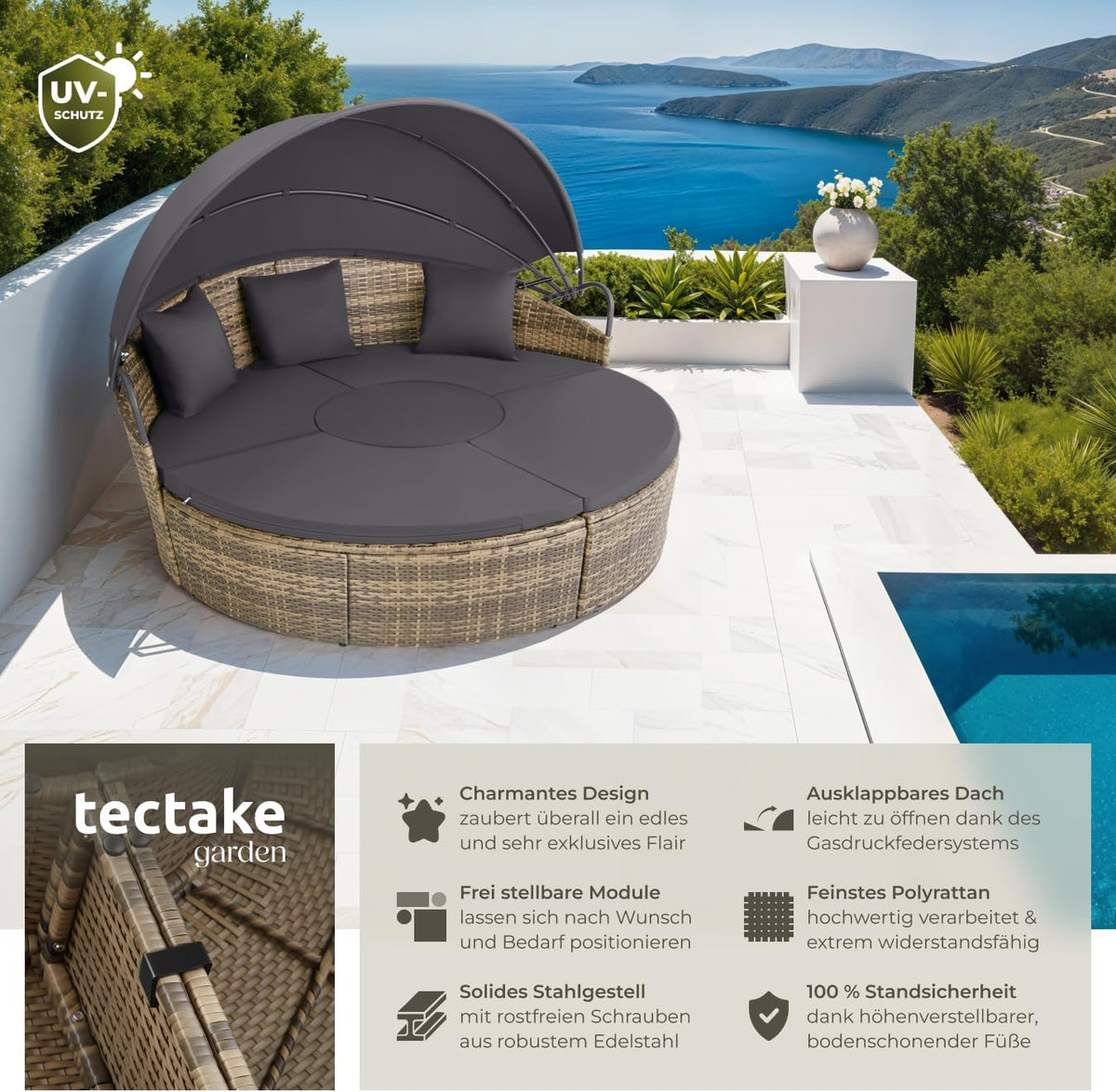 tectake® Sofá cama de jardín, isla solar para exteriores resistente a la intemperie, sillón de jardín, tumbona para 2 personas y más, mueble multifuncional para terraza o balcón, tumbona de jardín resistente a la intemperie - Naturaleza
