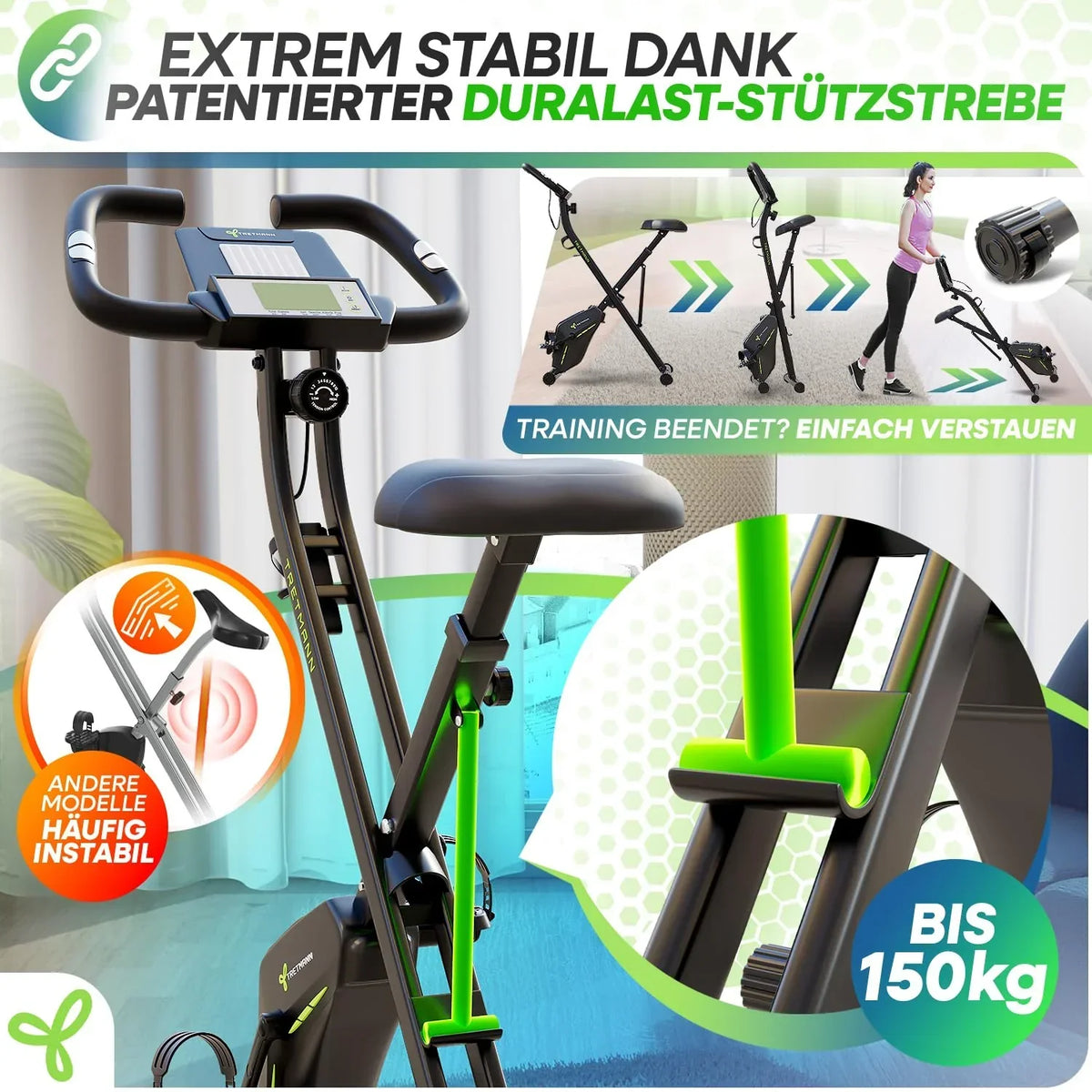 Bicicleta estática plegable Tretmann Home con resistencia magnética de 16 niveles, asiento acolchado y capacidad de carga de 150 kg