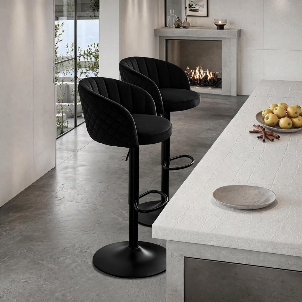 STOOLINK Juego de 2 taburetes de bar, regulables en altura, de tela de terciopelo, giratorios 360°, con respaldo y reposabrazos, para cocina, comedor, café, bistró - Negro