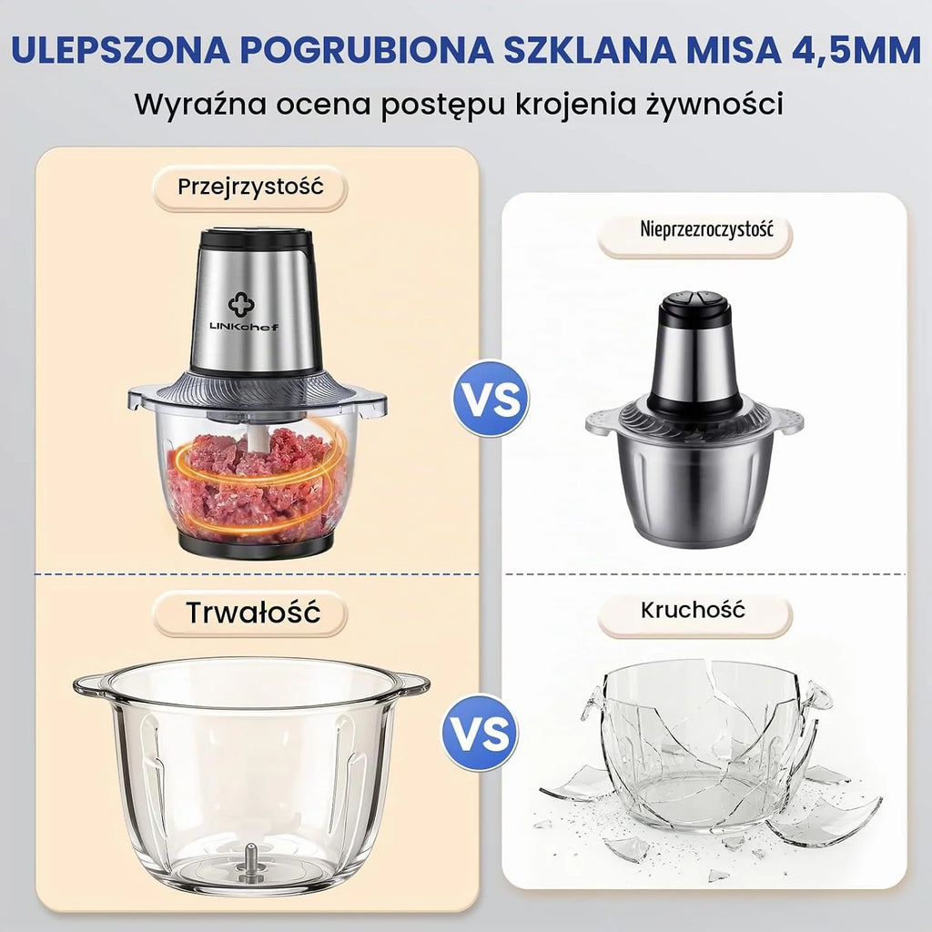 LINKChef Elektryczny Rozdrabniacz 1,5L Szklana Miska, 2 Prędkości, 3-poziomowe Ostrza ze Stali Nierdzewnej – Mini Robot Kuchenny do Mięsa, Warzyw, Orzechów i Żywności dla Niemowląt