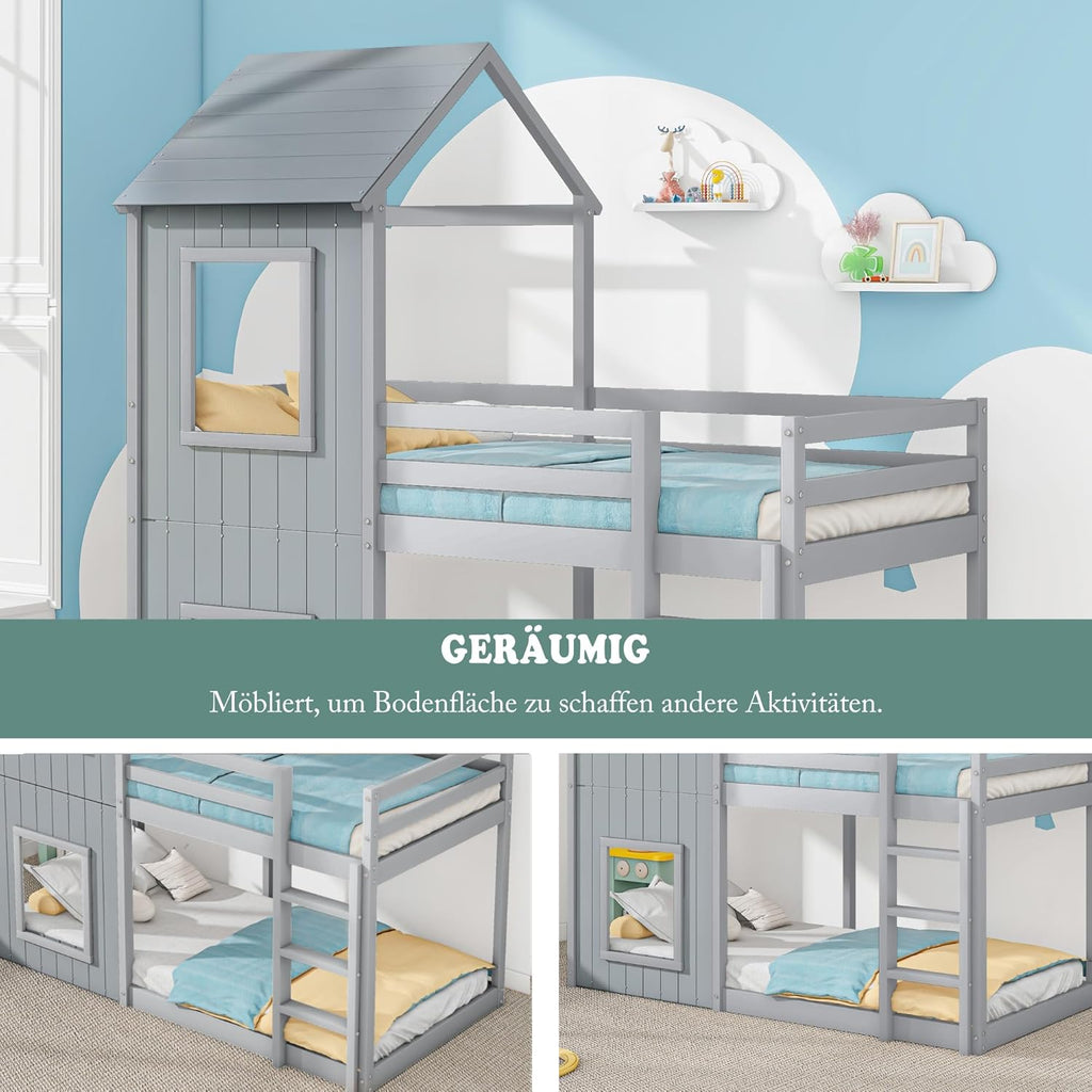 Cama infantil 90x200 cm, litera para 2 niños, cama alta con protección anticaídas, litera en forma de casa del árbol para niños y niñas, cama individual de madera maciza, cama de juegos, sin colchón, gris