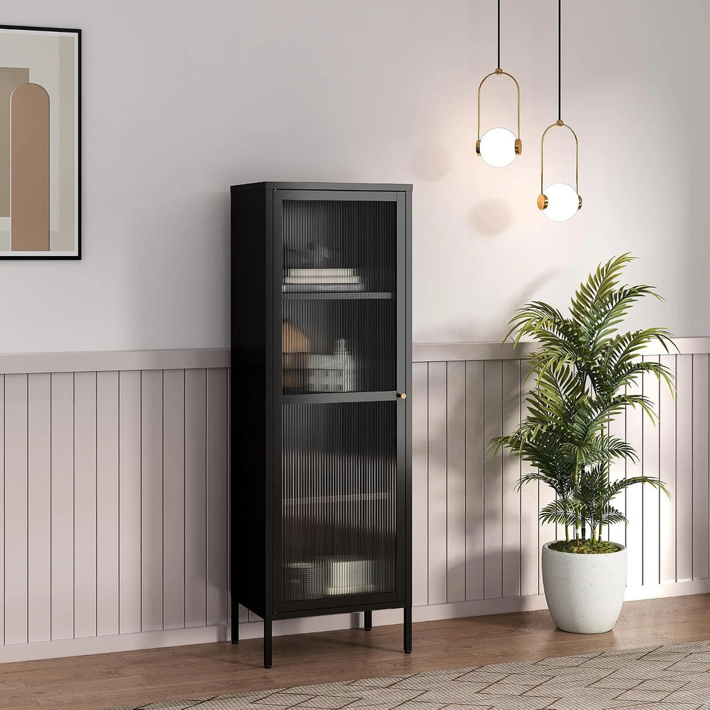 [en.casa] Szafa z witryną Säkylä regał na książki z 4 półkami, 150 x 50 x 35 cm, szafka kuchenna z 1 drzwiami, uniwersalna szafka, witryna, metalowa, czarna