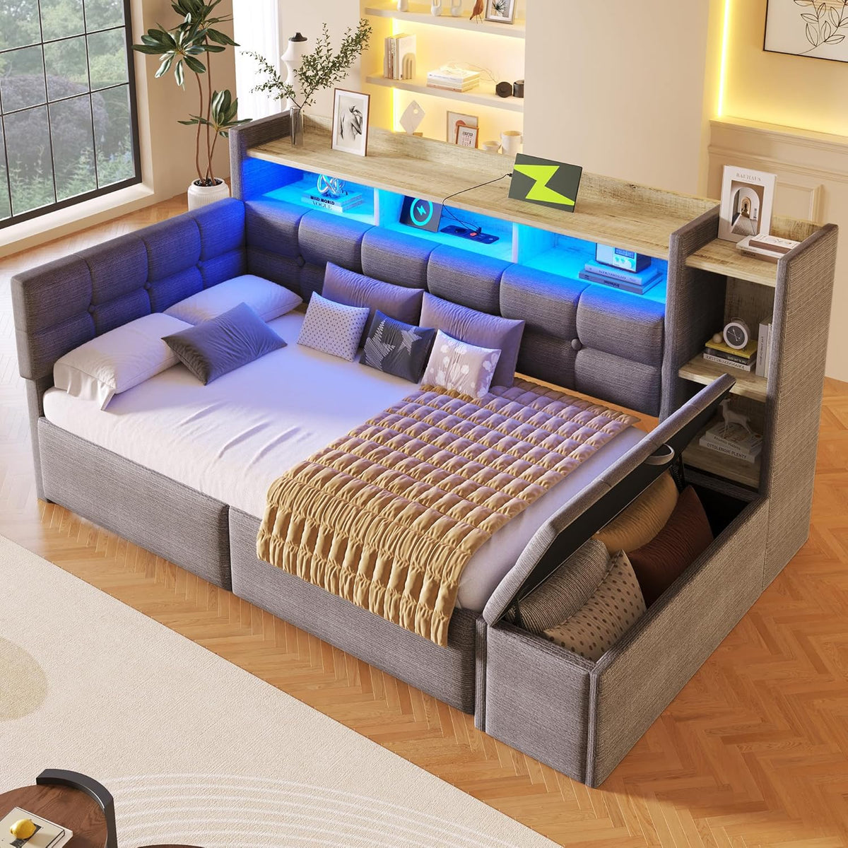 Cama nido, sofá cama, 90 × 190 cm, con dos cajones, puertos USB y tipo C, compartimento de almacenamiento, banco de almacenaje a los pies de la cama, tira de luz LED, sin colchón, terciopelo, gris oscuro