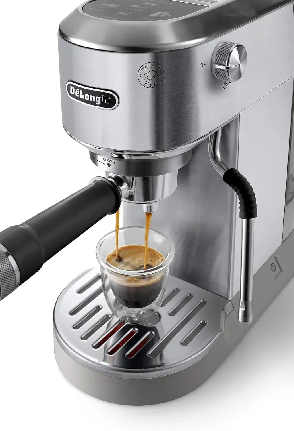 De'Longhi Dedica – Cafetera de bomba de acero inoxidable para café molido o monodosis, espresso y capuchino, depósito de 1,3 litros, sistema antigoteo, modelo EC685.M, color metal