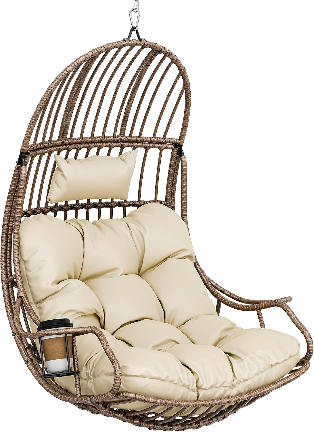 YITAHOME Silla colgante tipo huevo con capacidad de carga de 150 kg, sillón colgante de ratán con cojín y portavasos, silla tipo cesta colgante para jardín, patio, balcón, sala de estar, beige