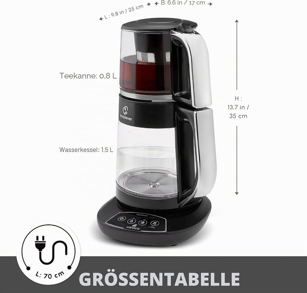 Máquina de té Karaca Caysever, acero, cromo 1700 W, libre de BPA, capacidad de tetera de cristal de 0,8 L, capacidad del depósito de agua de 1,5 L, preparación de agua