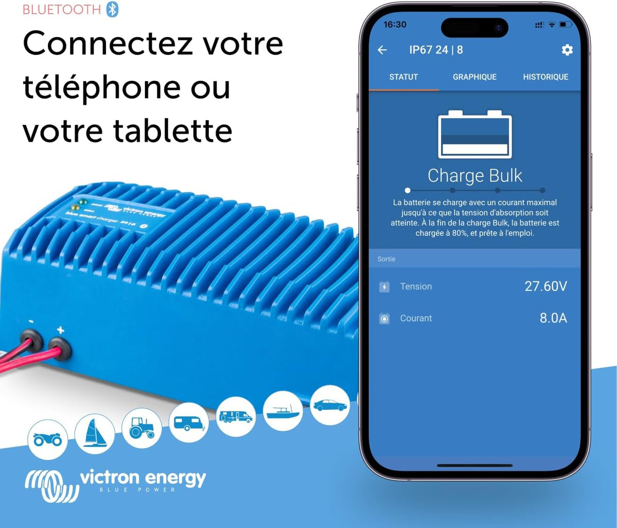 Cargador de baterías Victron Energy Blue Smart IP67 24 voltios 8 amperios 230V, Bluetooth (CEE 7/7)