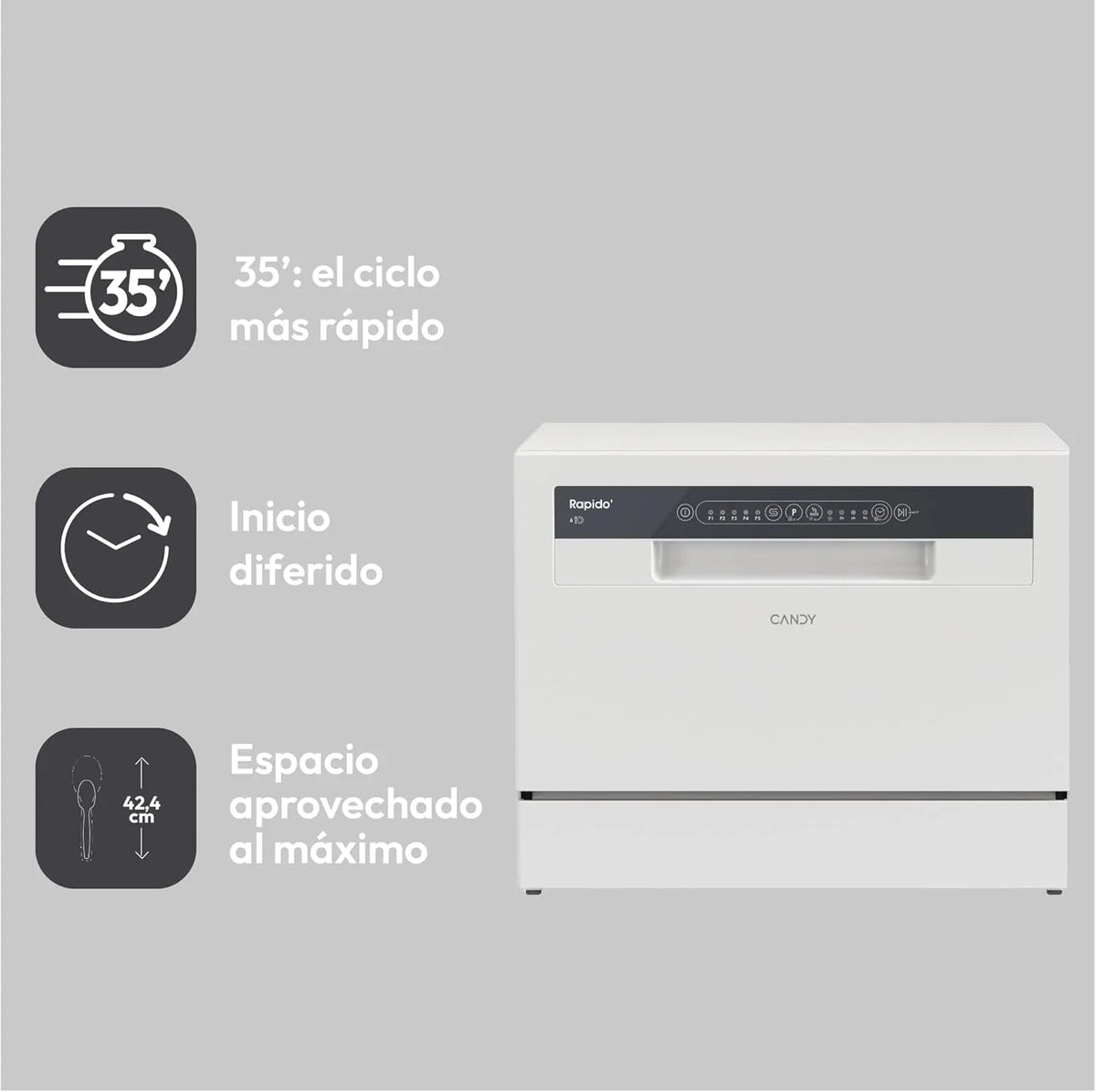 Candy CP 6E51LW Lavavajillas pequeño y compacto, 6 servicios, digital, 51 dBA, 5 ciclos, media carga, inicio diferido 3-6-9 horas, indicador de sal y abrillantador, indicador de fin de ciclo, blanco