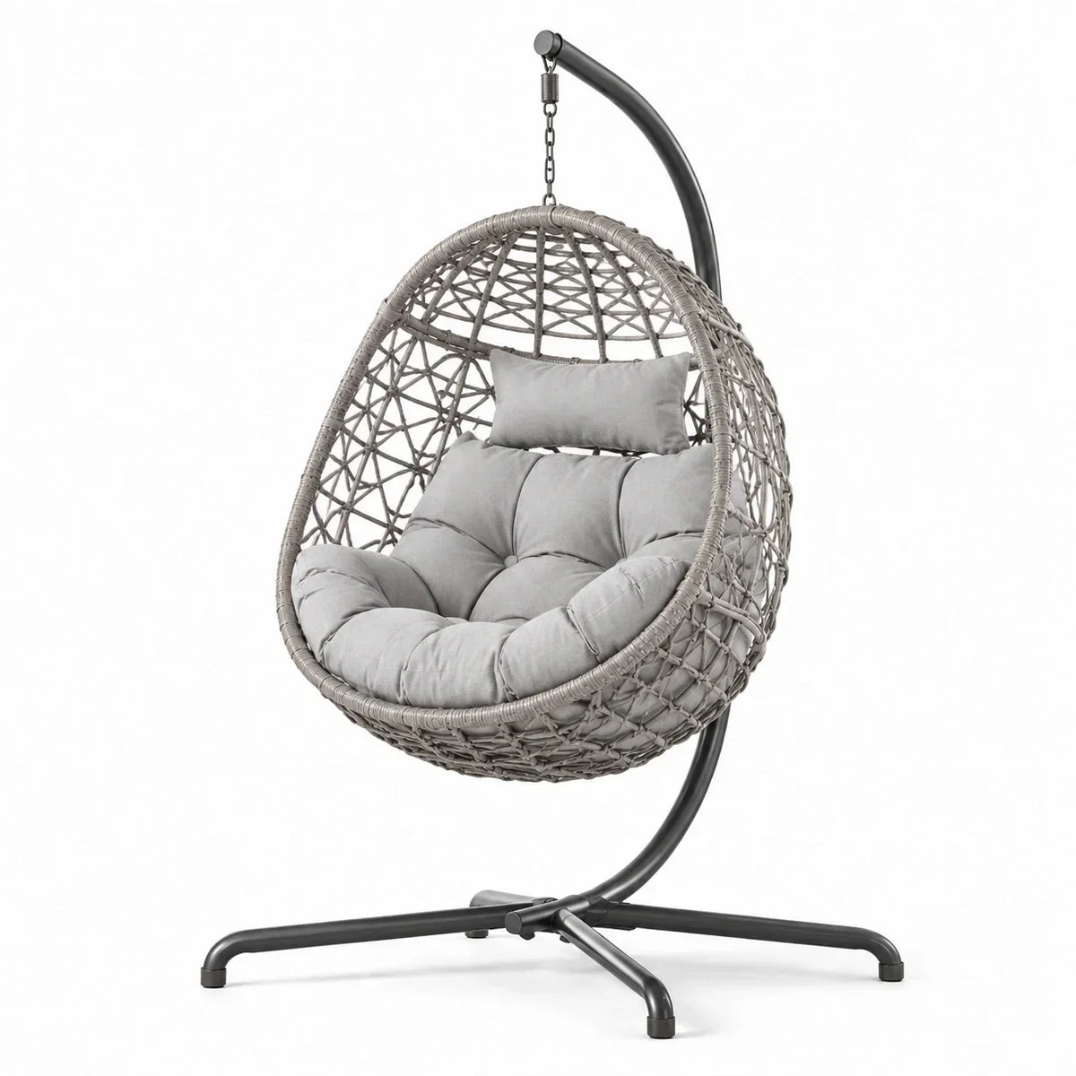 Sillón colgante de acero y ratán PE con cojín de poliéster, gris