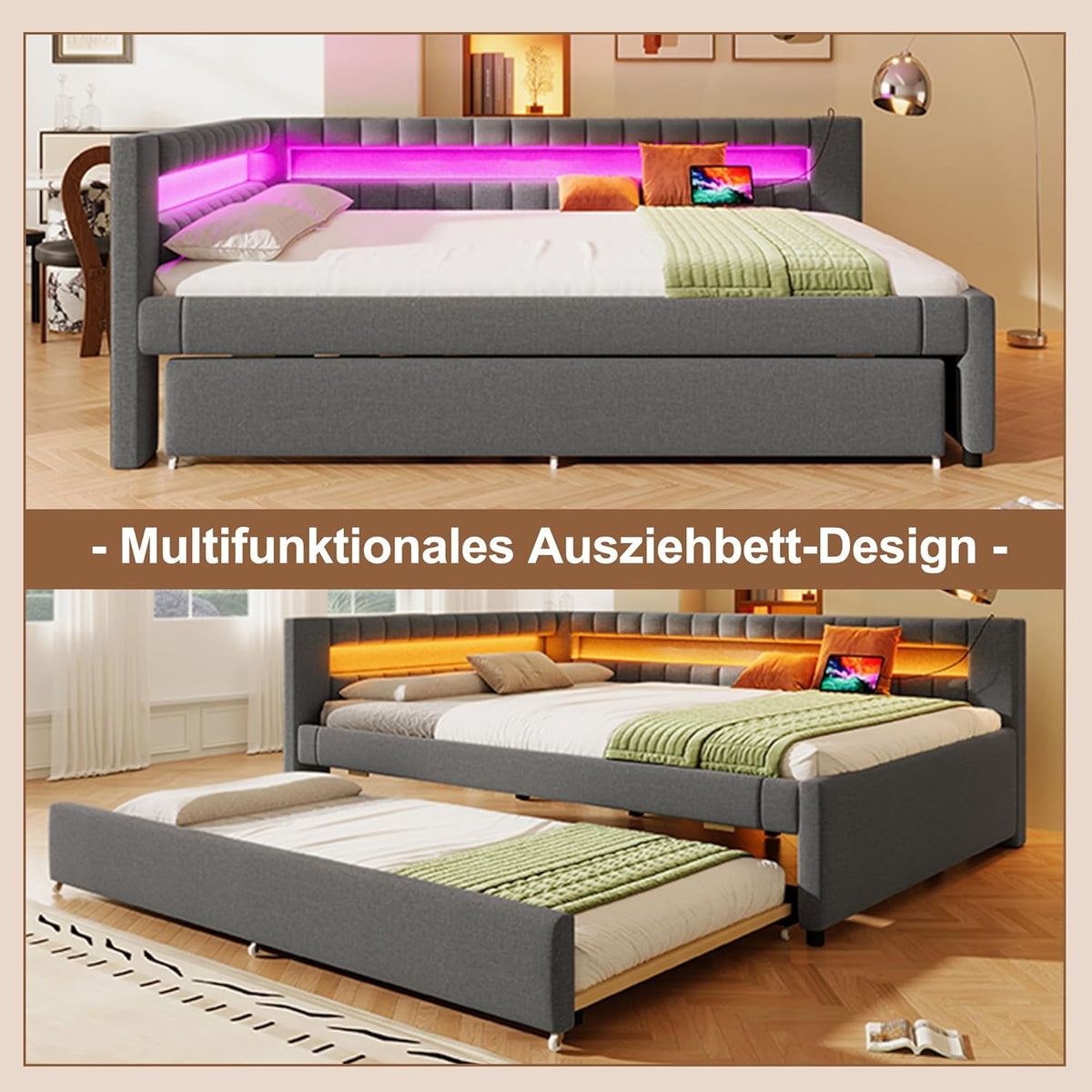 Cama tapizada con sofá cama 140x200 con iluminación LED y función de carga USB tipo C, estructura de cama con cama extraíble y somier, cama doble, diván, cama de día, cama de invitados, cama juvenil, lino, sin colchón, gris