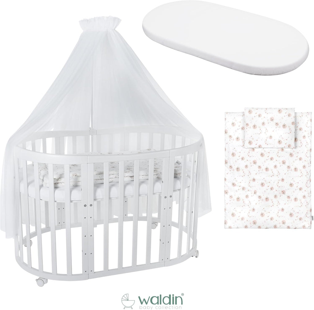 Cuna ovalada evolutiva Waldin, set completo 7 en 1, cuna de barrotes, cama infantil con colchón, cambiador, cuna colecho, madera blanca