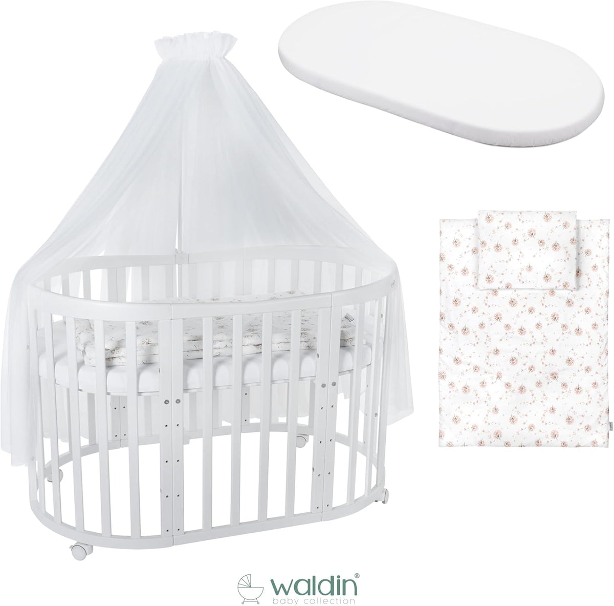 Cuna ovalada evolutiva Waldin, set completo 7 en 1, cuna de barrotes, cama infantil con colchón, cambiador, cuna colecho, madera blanca