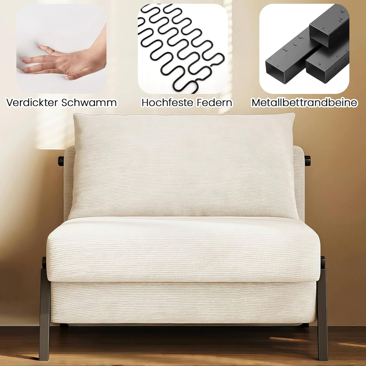 Sillón cama genérico 2 en 1, sofá cama con función de cama, sillón cama convertible con cojín, tela de pana, estructura de metal, sofá de suelo para salón y dormitorio