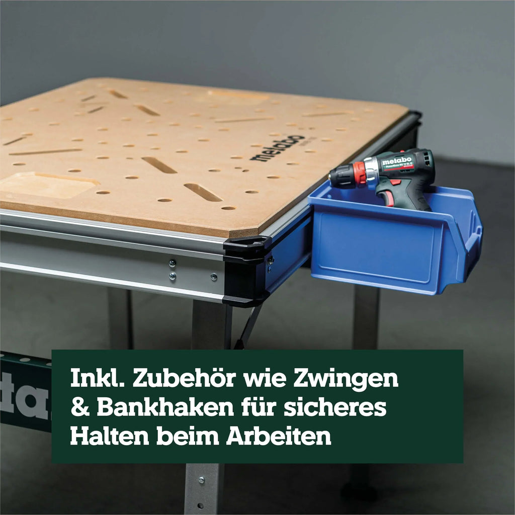Mesa multifunción Metabo MWB 100, banco de trabajo plegable, caballete móvil, 120 kg, incl. 2 sargentos y 4 topes de banco