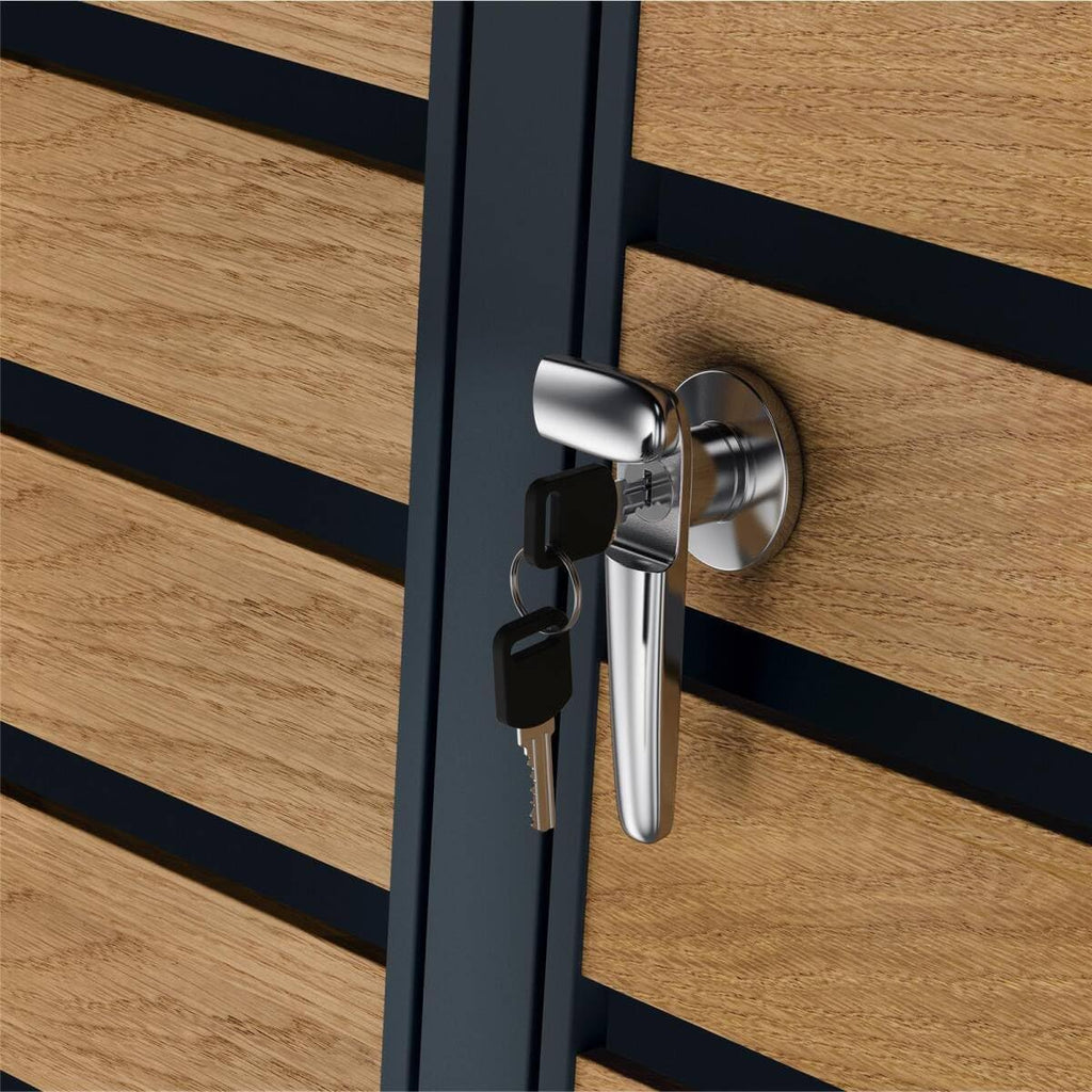 Cubrecontenedores Metzler para 4 cubos de 240L en antracita y efecto madera con techo ajardinado y franjas decorativas, cerramiento para 4 cubos con tapa automática, caseta para basura de acero inoxidable con recubrimiento en polvo, con cerradura