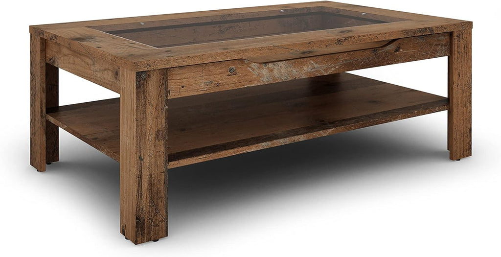 Mesa de centro Ralph de byLIVING / aspecto de madera vieja de roble marrón oscuro / mesa de sofá con incrustaciones de vidrio y un cajón espacioso en marrón / mesa auxiliar con mucho espacio de almacenamiento / An 110, Al 43, Pr 67 cm