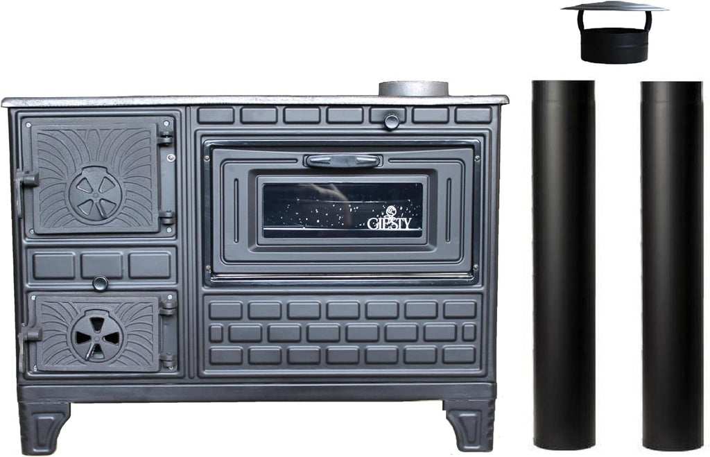 Horno de cocina para exteriores, estufa de terraza, horno de leña y carbón, chimenea de jardín, cocina exterior, Kuzine Soba (puerta de hierro fundido + 2 tubos)
