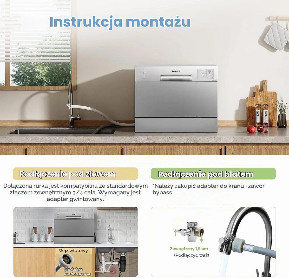 COMFEE Kompaktowa zmywarka CDWMT0602ESD-EU mini zmywarka z 6 sztućcami, 6 programów, klasa D, wyświetlacz LED, opóźniony start, intensywny cykl H-TEMP do 70°C, poziom hałasu 47 dB - srebrna