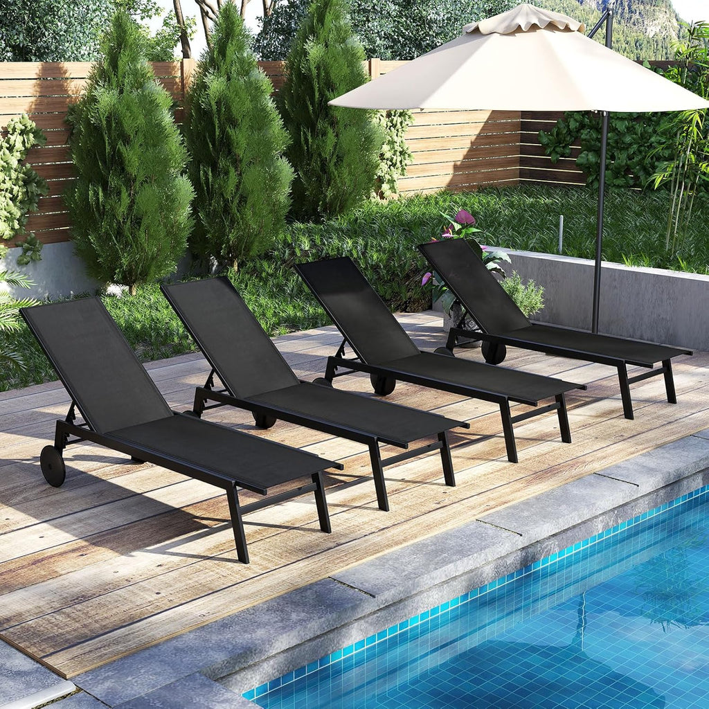 COSTWAY Juego de 2 tumbonas con ruedas, tumbona de jardín con respaldo ajustable y tejido de secado rápido, tumbona con ruedas con capacidad de carga de 150 kg, silla reclinable para jardín, balcón, terraza (negro)