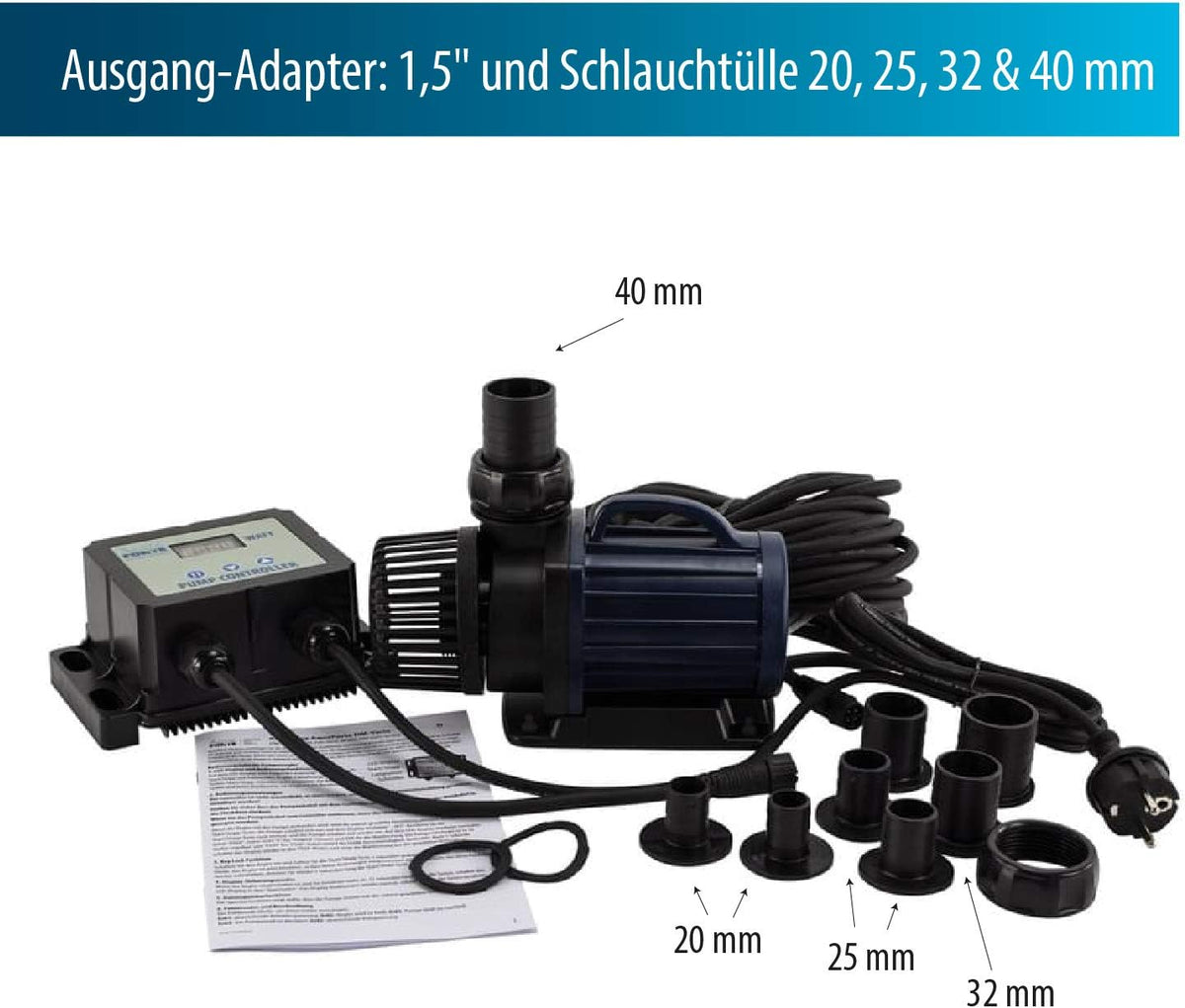 Bomba para filtro/estanque AquaForte DM-22.000 Vario S, 70-200W, altura de elevación 7,5m, regulable con controlador externo. Ideal como bomba para estanques o para arroyos/cascadas.