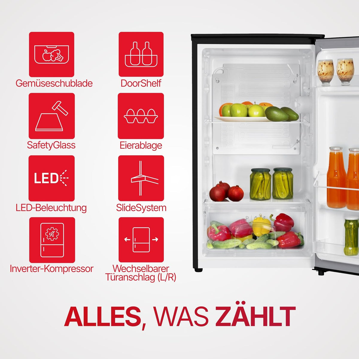 Frigorífico de una puerta Amica de libre instalación, 85x47,5x44,5 cm, 90 L, compresor inverter, iluminación LED, cajón para verduras, estantes en la puerta, AVK 3510 SW - Negro