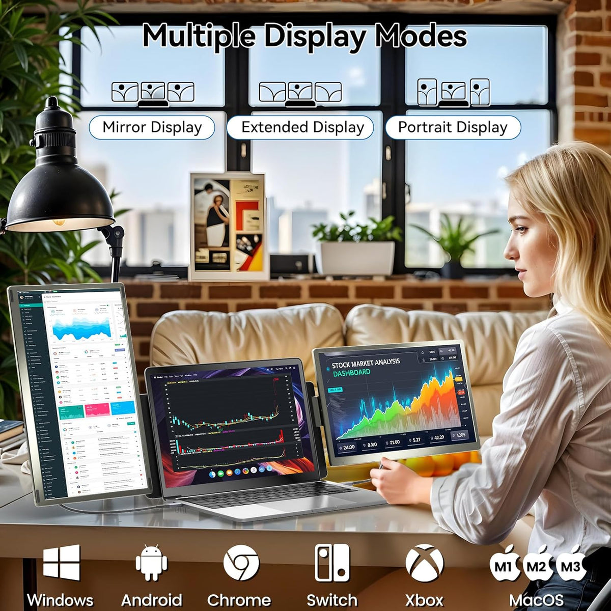 Monitor portátil triple Domyfan de 15,6" para portátil, 120% sRGB FHD 1080P, compatible con todos los tamaños de portátiles, conexión Type-C, USB, HDMI, plug and play, para Mac, Windows, Chrome, Android