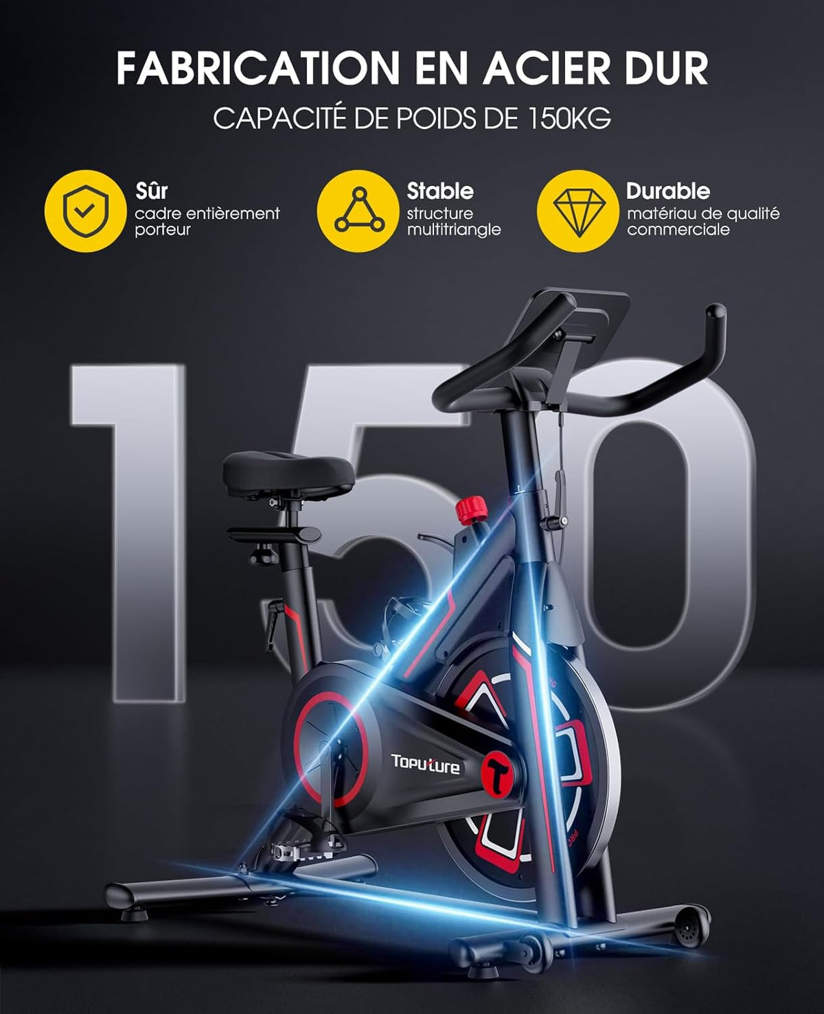 TOPUTURE Bicicleta estática conectada con App, bicicleta estática con 100 niveles de resistencia magnética, silenciosa, ergómetro LCD, bicicleta de ejercicio cardiovascular, personalice su deporte en casa, capacidad 150 kg