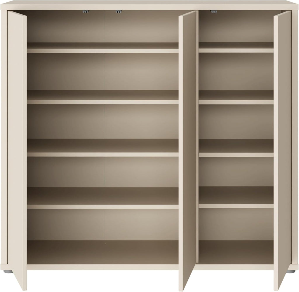 Zapatero Forte Alice Springs 100 110, armario de recibidor con 3 puertas y 8 estantes, madera reconstituida, color beige cachemira, 109,2 cm de ancho x 99,1 cm de alto x 34,9 cm de profundidad