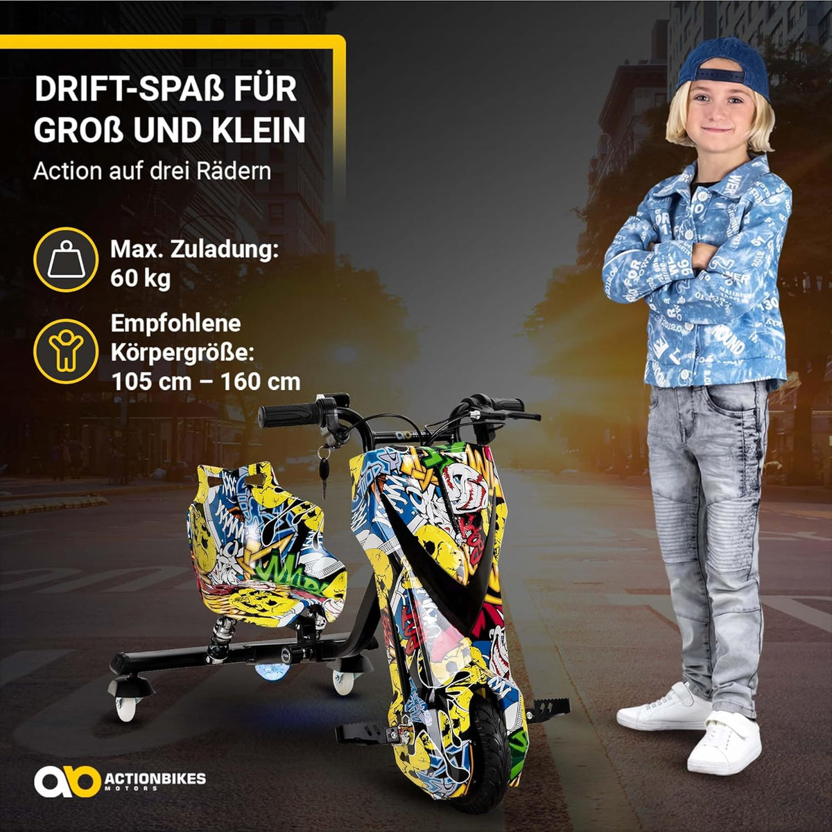 Actionbikes Motors Patinete Eléctrico Infantil para Derrapes | Motor de 𝟐𝟓𝟎 W - Carrito de Derrape 360° - 3 Niveles de Velocidad - Iluminación LED - Asiento Ajustable - Bluetooth - Kart de Derrape - Coche de Derrape (Space Purple)