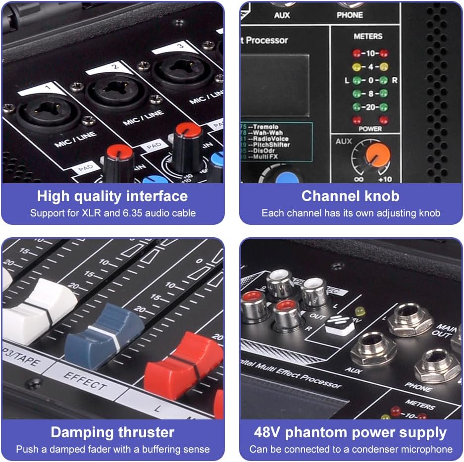 Mesa de mezclas autoamplificada profesional de 8 canales X-960D con amplificador de alta potencia, consola de sonido todo en uno para altavoces pasivos de 15", 99 efectos DSP, ecualizador gráfico de 7 bandas, Bluetooth/USB, alimentación phantom de 48 V