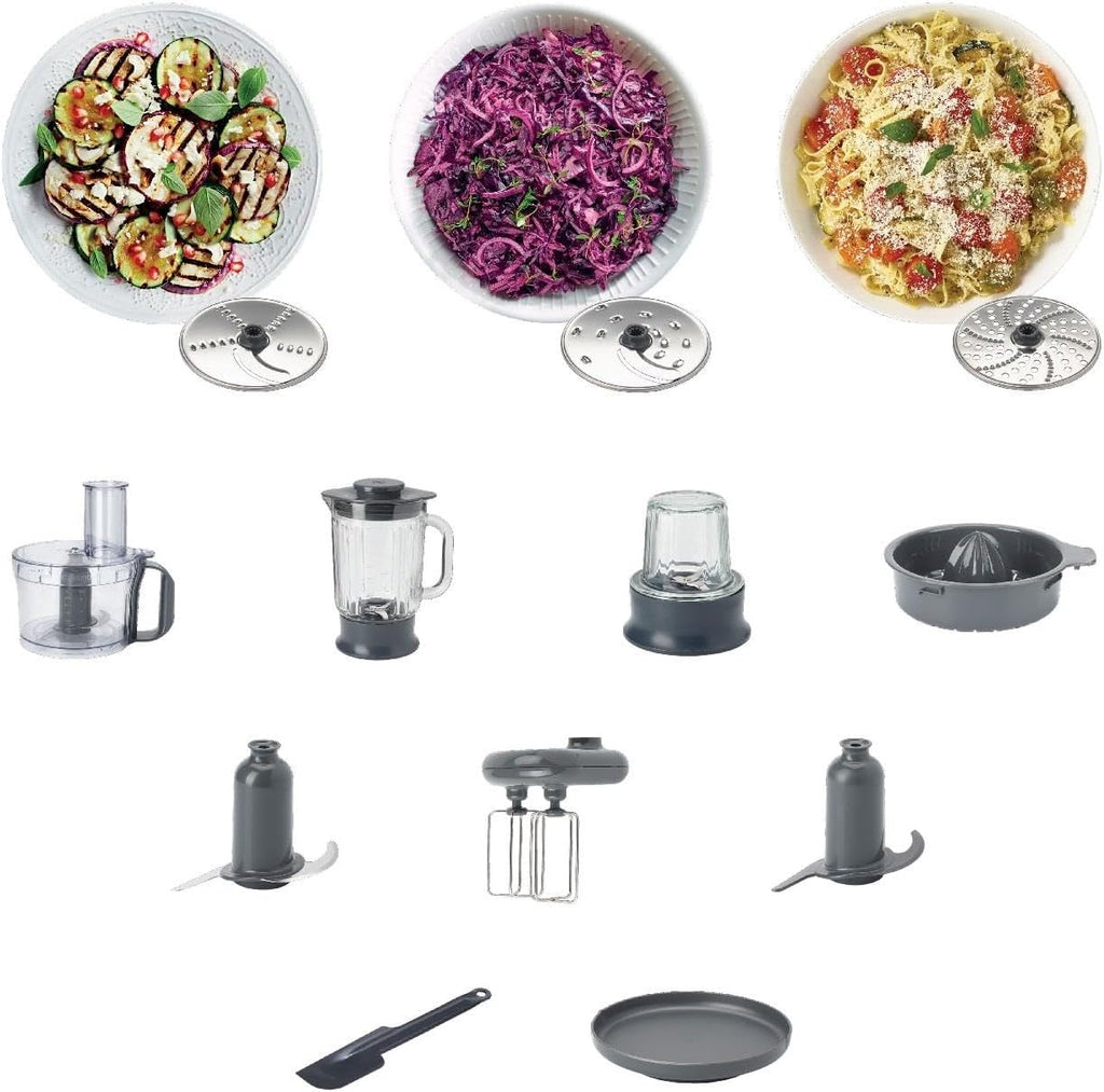 Kenwood MultiPro Compact+ FDM 313SS Kompaktowy robot kuchenny, wydajne urządzenie kuchenne z pojemnikiem roboczym 2,1 l, zintegrowana waga, w zestawie 9 części, metalowa obudowa, 800 W, kolor srebrny