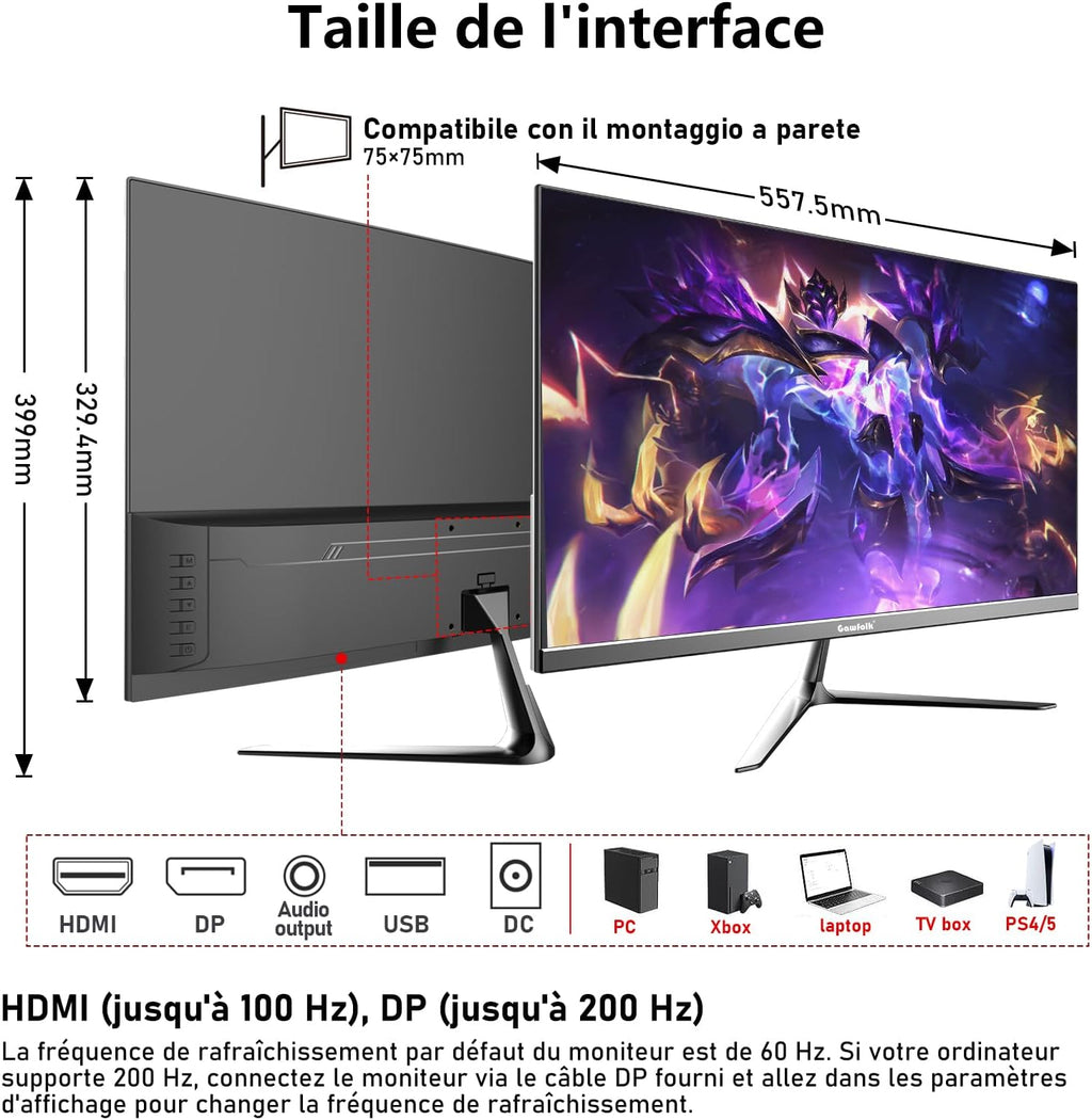 Monitor de PC Gawfolk de 24,5 pulgadas, monitor para juegos de 200 Hz, FHD 1080p, altavoces integrados, 1 ms, FreeSync, 99% sRGB, ángulo de visión de 178°, HDMI, DisplayPort, negro
