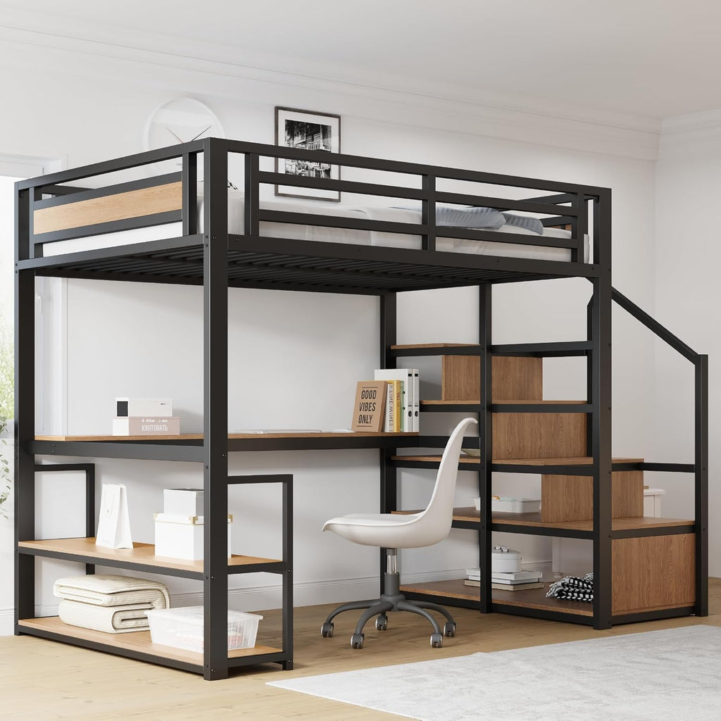 Litera alta de metal de 140x200 con escalera de almacenamiento con estantes y escritorio, diseño de valla de seguridad con tablones de metal unidos, cama de estructura de hierro alta con marco de metal para un soporte estable (negro)