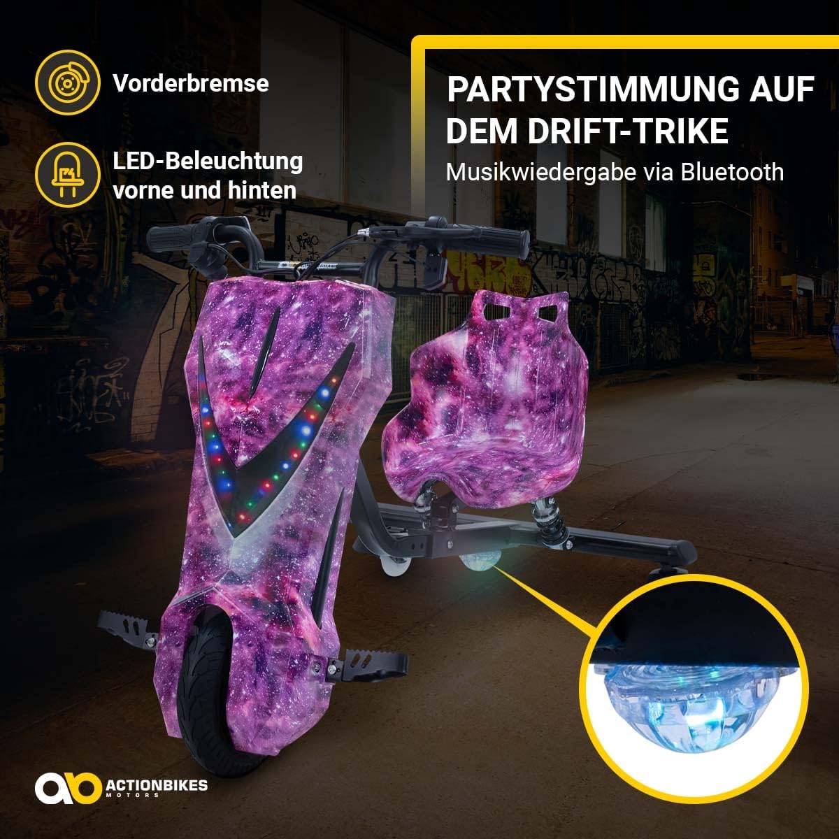 Actionbikes Motors Patinete Eléctrico Infantil para Derrapes | Motor de 𝟐𝟓𝟎 W - Carrito de Derrape 360° - 3 Niveles de Velocidad - Iluminación LED - Asiento Ajustable - Bluetooth - Kart de Derrape - Coche de Derrape (Space Purple)