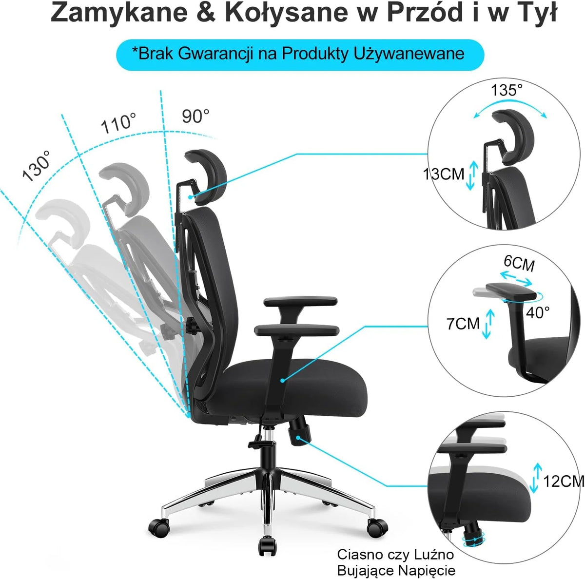 Ergonomiczne krzesło biurowe Ticova - krzesło biurowe z wysokim oparciem i regulowanym podparciem odcinka lędźwiowego, zagłówkiem i podłokietnikiem 3D