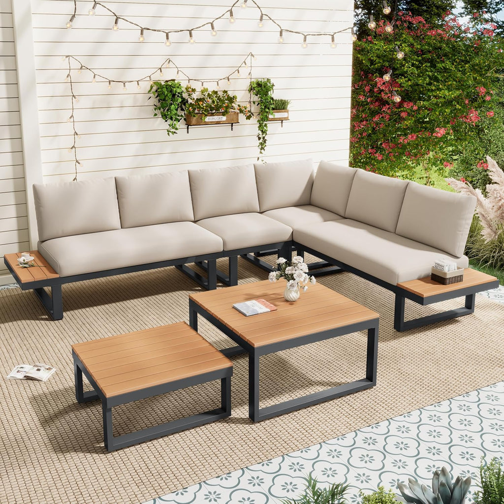 Set de muebles de jardín, posición en esquina, con función de inclinación ajustable (5 niveles, hasta 55°), tubo de acero galvanizado, tablero de mesa de madera plástica, con dos mesas de centro, beige + gris