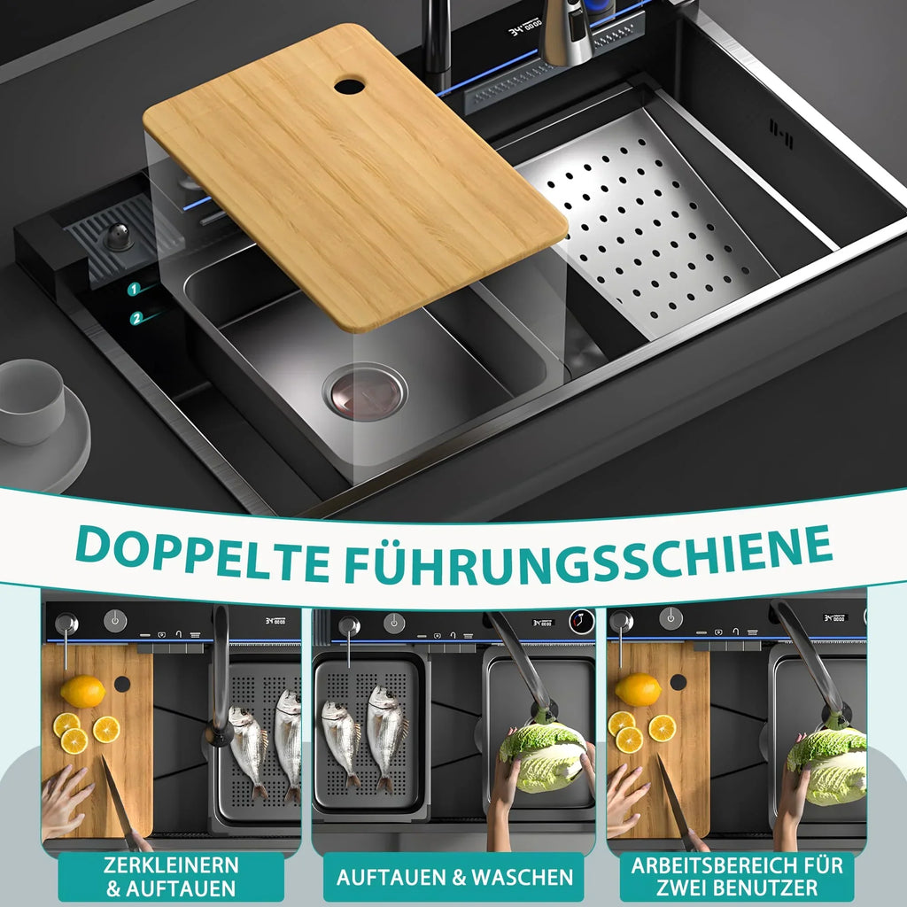 Fregadero de cocina de acero inoxidable 80 x 45 x 22 cm, cubeta individual con indicador de temperatura LED, grifo tipo cascada extraíble y kit de desagüe