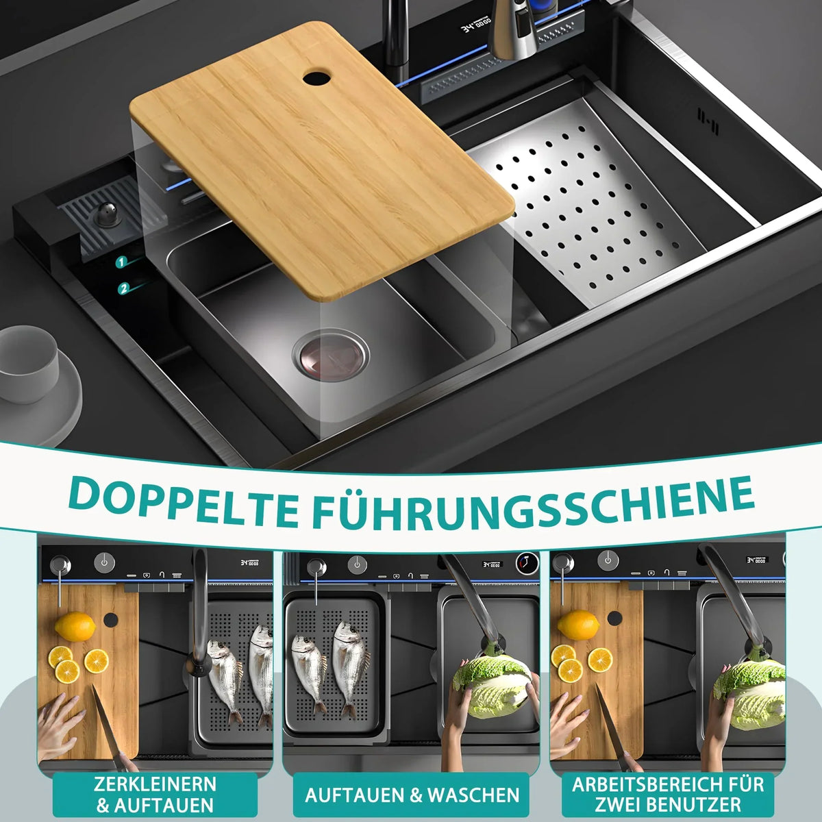 Fregadero de cocina de acero inoxidable 80 x 45 x 22 cm, cubeta individual con indicador de temperatura LED, grifo tipo cascada extraíble y kit de desagüe
