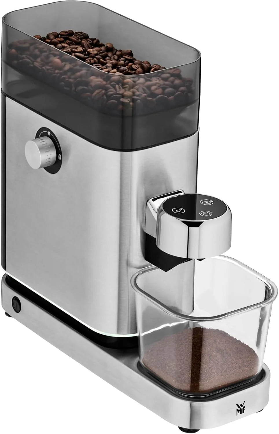 WMF Lumero elektryczny młynek do espresso 150 W, przyciski dotykowe LED, 40 stopni mielenia, pojemnik na kawę, stal nierdzewna Cromargan matowa