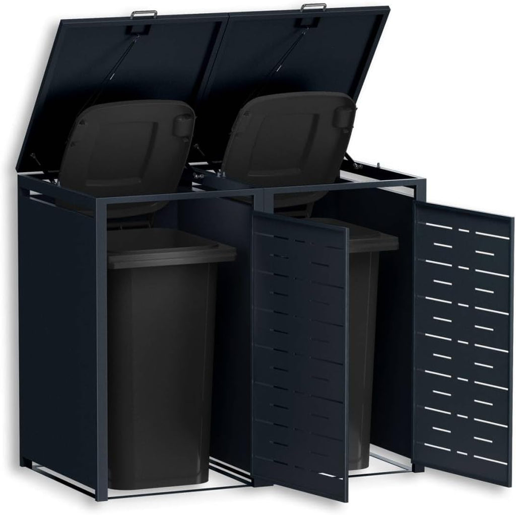Cobertizo para 2 cubos de basura Metzler de 240 l, color antracita con diseño de líneas horizontales, revestimiento metálico para 2 cubos, bloqueable, dos cobertizos con recubrimiento en polvo y tapa automática | Nexus