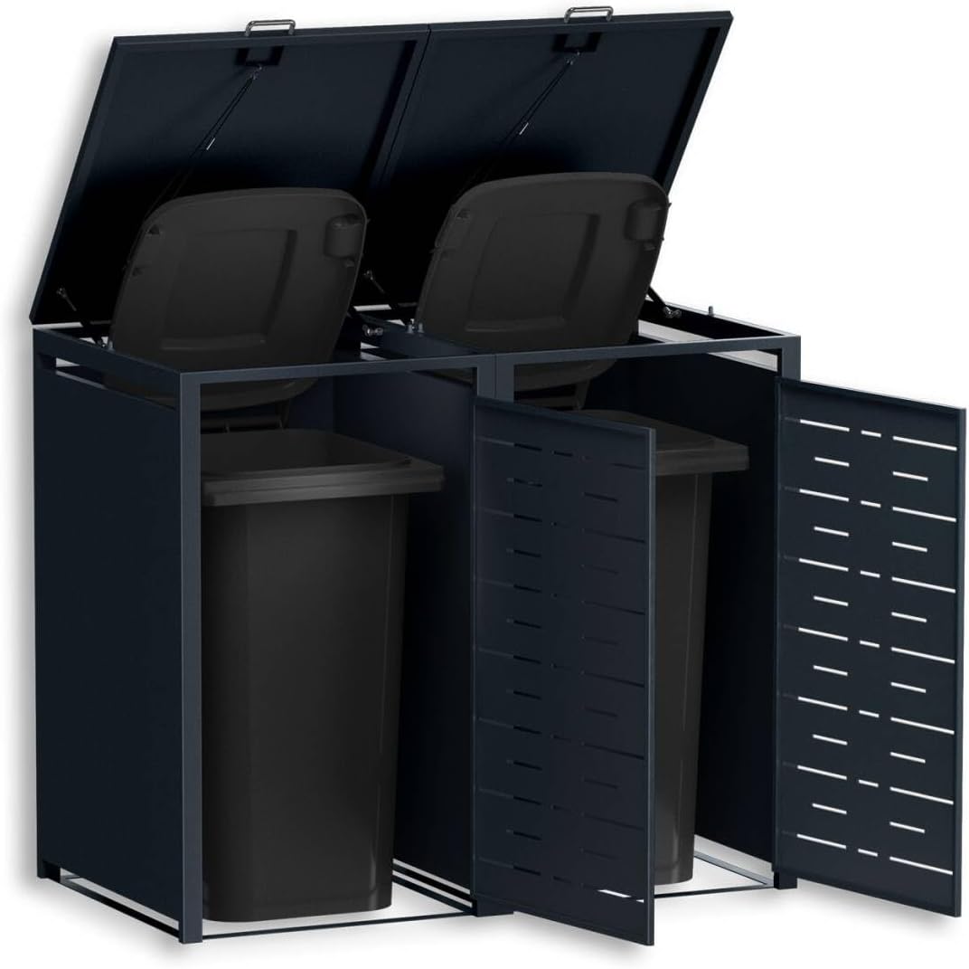 Cobertizo para 2 cubos de basura Metzler de 240 l, color antracita con diseño de líneas horizontales, revestimiento metálico para 2 cubos, bloqueable, dos cobertizos con recubrimiento en polvo y tapa automática | Nexus