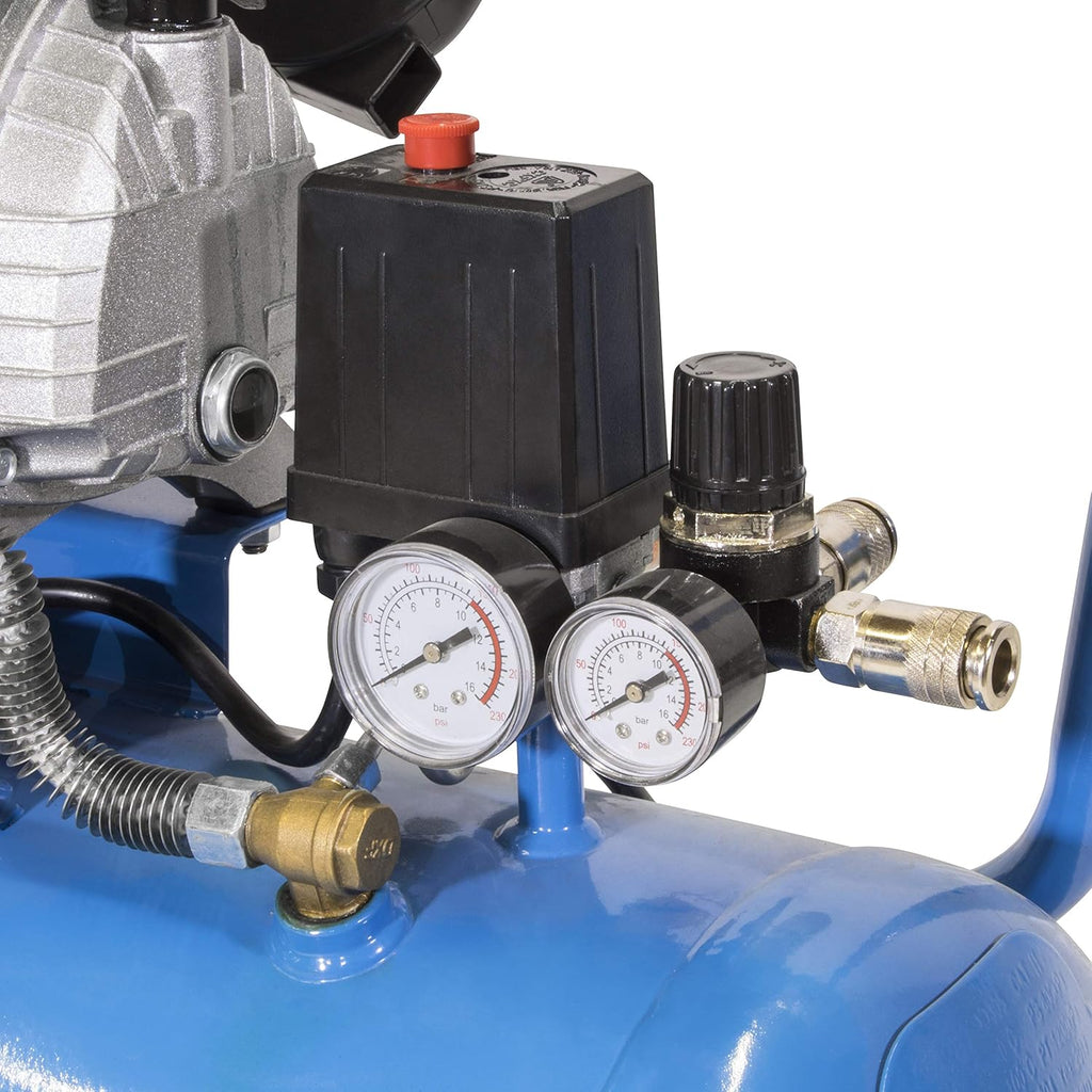 Set de compresor Güde 405/10/50 15T (lubricado por aceite, 10 bar, 2200 W, depósito de 50 l, caudal efectivo 250 l/min, 2 manómetros, 2 acoplamientos de aire comprimido, válvula de seguridad y tornillo de purga, incluye set de accesorios)